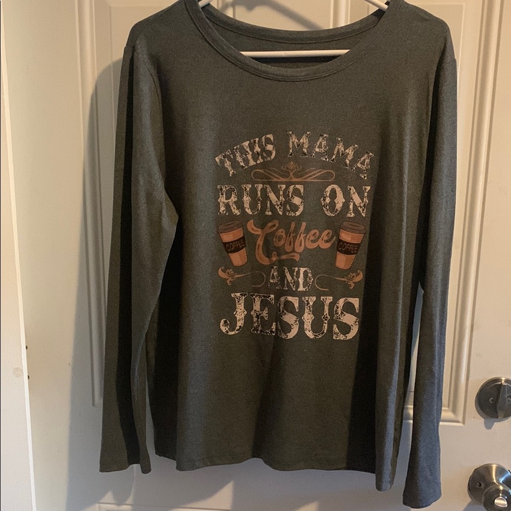 Gray Long Sleeve Graphic Tee for MOM .. coffee and Jesus !! Stretch